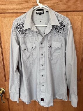 Panhandle Slim Gray Western Pearl snap Shirt with Black Embroidery